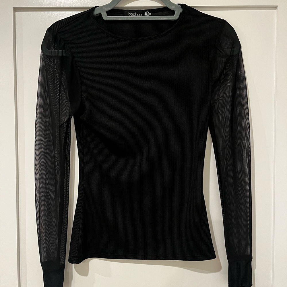Boohoo Black Mesh Sleeve Top Sheer Long Sleeve Fitted Size 4